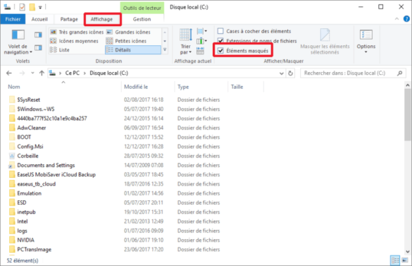 Afficher les éléments masqués dans Windows 10