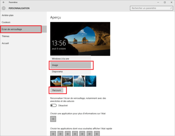 Les options de personnalisation de l'écran de verrouillage dans Windows 10