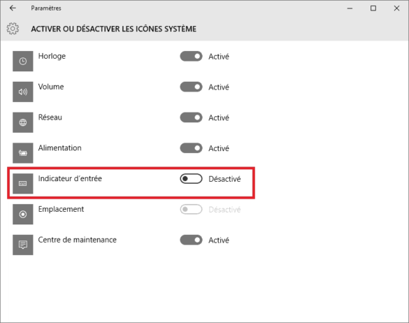 Indicateur d'entrée (Windows 10)