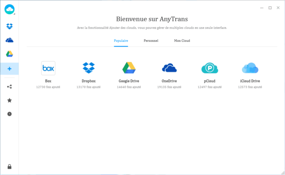 Interface du logiciel de gestion de Cloud, Anytrans pour Cloud