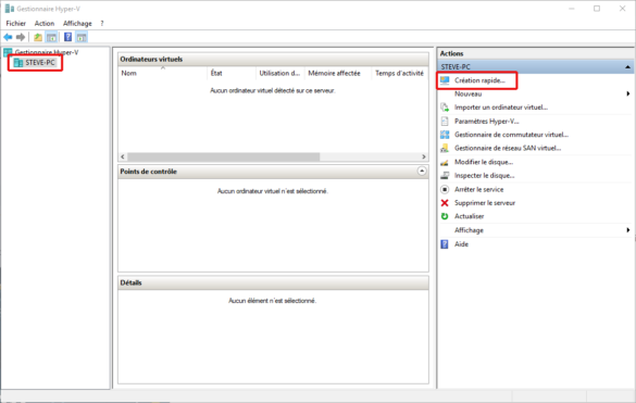 L'interface du gestionnaire Hyper-V de Windows 10