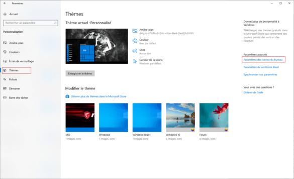 Personnalisation de Windows 10 : thèmes / paramètres des icônes du bureau