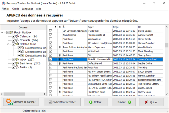 Éléments trouvés dans le fichier de données