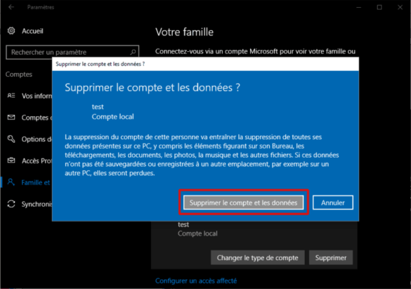 Supprimer le compte et les données (Windows 10)