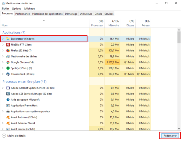 Redémarrer l'explorateur Windows depuis le gestionnaire de tâches pour résoudre le problème de l'icône du volume