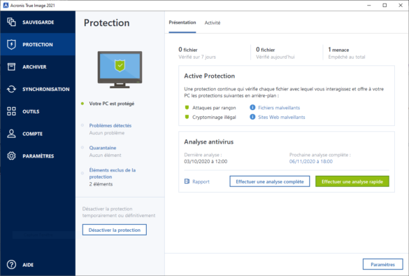 Le logiciel de sauvegarde de donnéesAcronis True Image 2021 dispose maintenant d'une solution antivirus en plus de sa protection contre les ransomwares