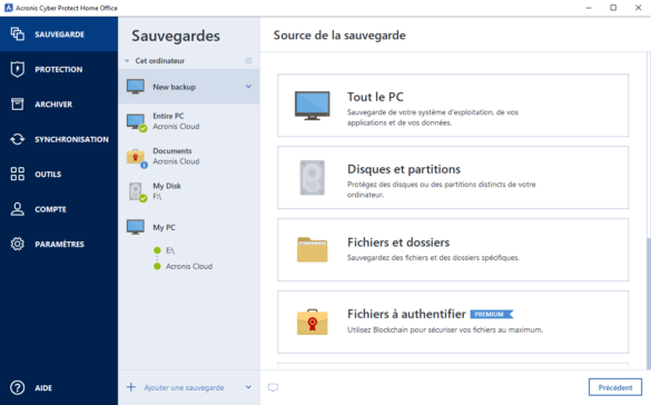 L'interface du logiciel Acronis Cyber Protect Home Office, la solution de sauvegarde et cyberprotection d'Acronis