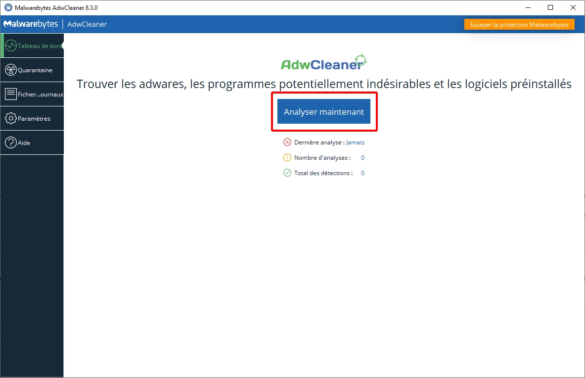 Analyser l'ordinateur avec AdwCleaner pour éliminer les menaces