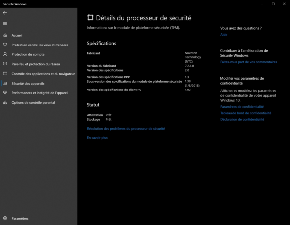 Détails du processeur de sécurité dans Windows 10