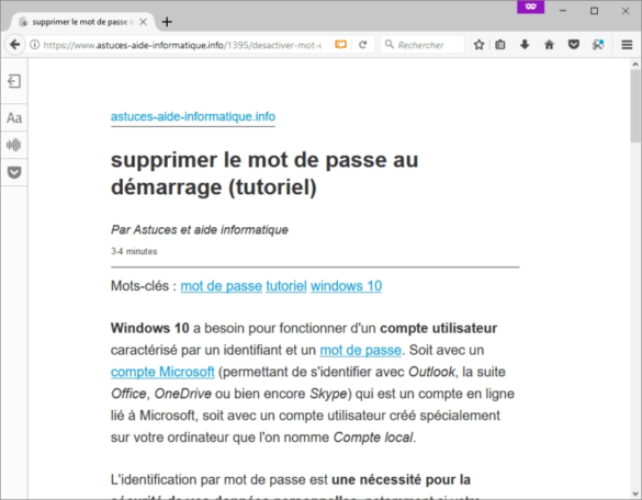 Affichage d'une page en mode Lecture sous Firefox