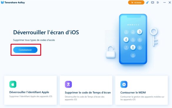 Déverrouiller l'écran d'un appareil iOS grâce au logiciel Tenorshare 4uKey pour réactiver un iPhone désactivé sans iTunes