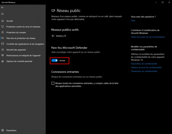 Déplacer le curseur dans la section Pare-feu Microsoft Defender pour activer ou désactiver le pare-feu de Windows 10