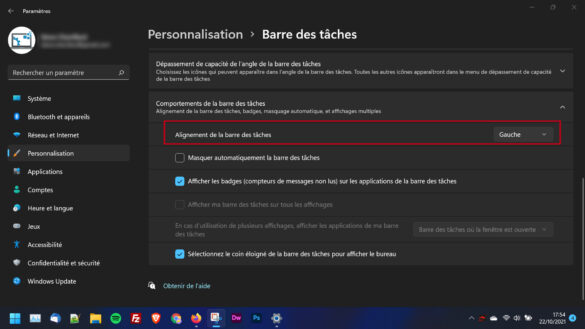 Régler le menu Démarrer et la barre des tâches de Windows 11 pour l'aligner à gauche