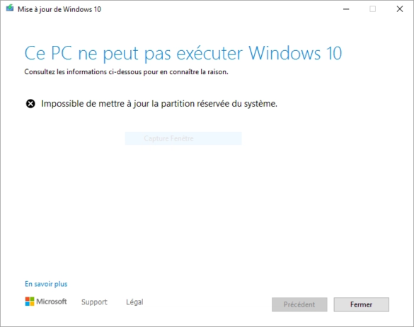 "Nous n'avons pas pu mettre à jour le système de partition réservée" erreur d'installation de Windows 10