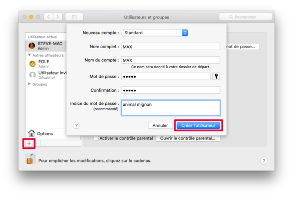 Saisir toutes les informations pour créer le nouveau compte utilisateur de votre mac