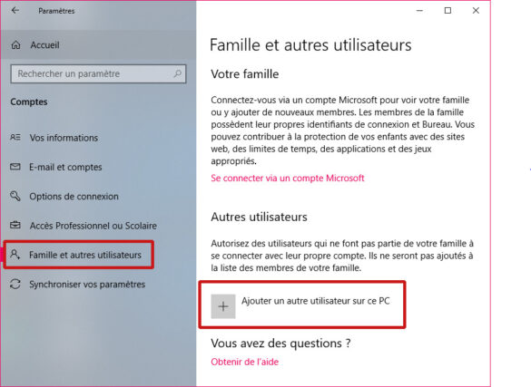 Paramètres de compte de Windows 10 pour ajouter un nouvel utilisateur