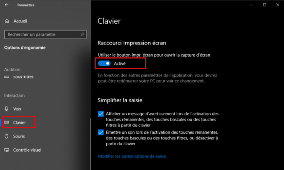 Paramètrer le raccourci clavier pour lancer l'impression écran (Windows 10)