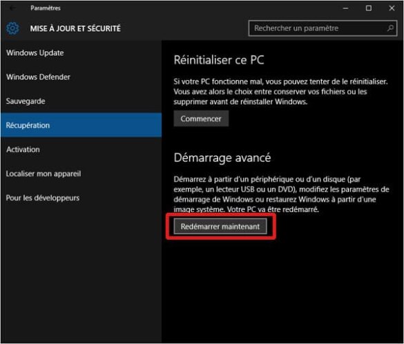 Redémarrer maintenant (Windows 10)