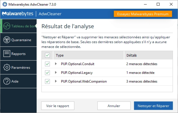 Résultats de l'analyse de AdwCleaner et détection des adwares