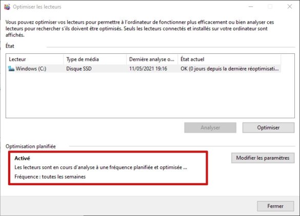 Optimisation planifiée d'un SSD activée