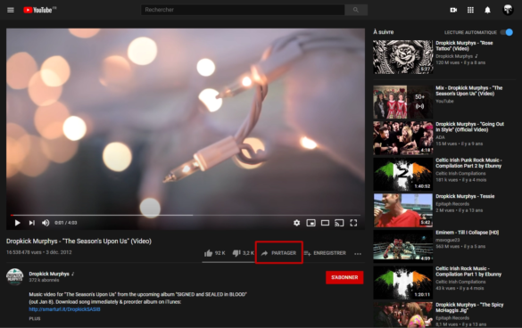 Partage d'une vidéo YouTube depuis son navigateur internet