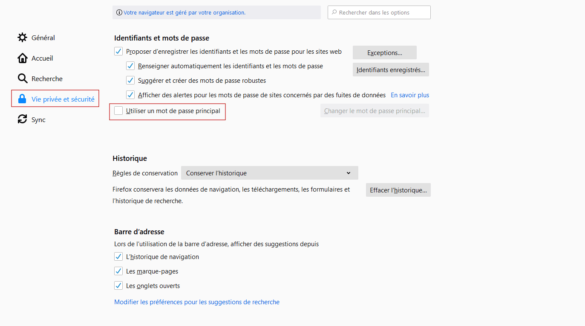 Options Vie privée et sécurité de Mozilla Firefox pour protéger ses mots de passe enregistrés