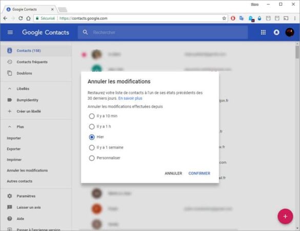 Annuler les modifications faites dans Google Contacts