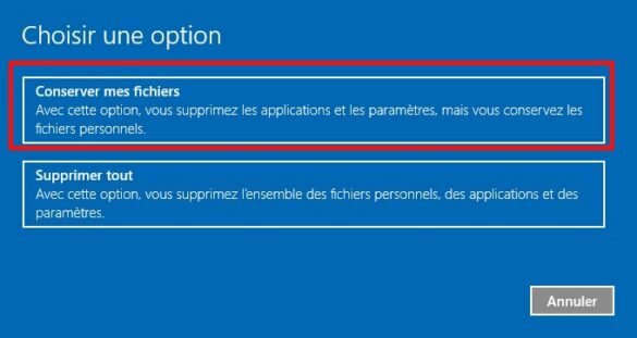 Conserver mes fichiers (réinitialisation Windows 10)