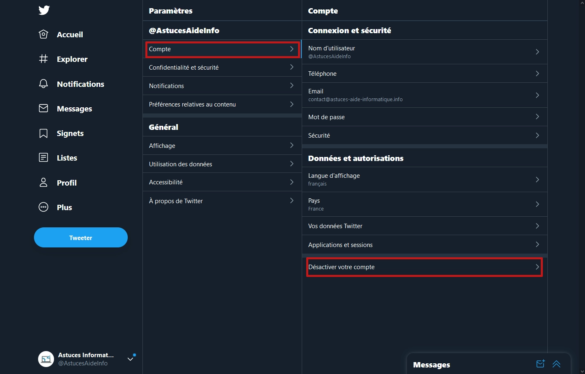 Désactivation d'un compte Twitter via le navigateur de son ordinateur