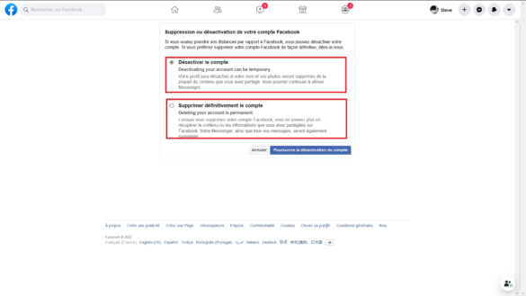 Vous avez le choix entre la désactivation temporaire ou la suppression définitive de votre compte Facebook