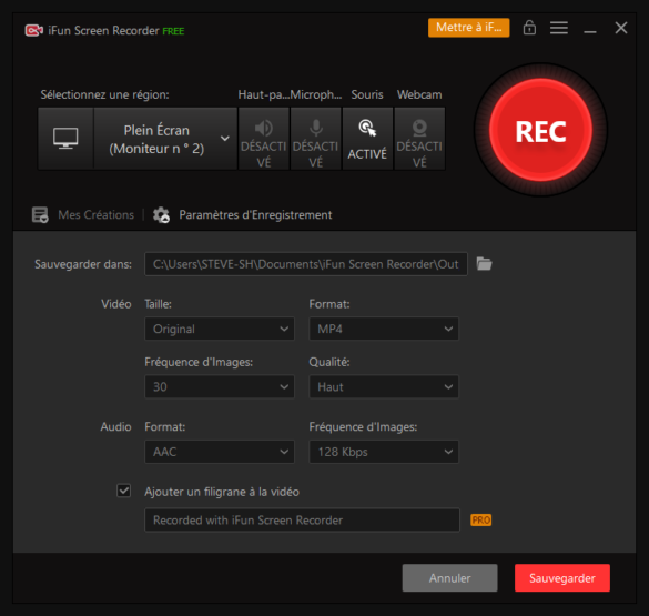 Les paramètres d'enregistrement de la vidéo capturée
