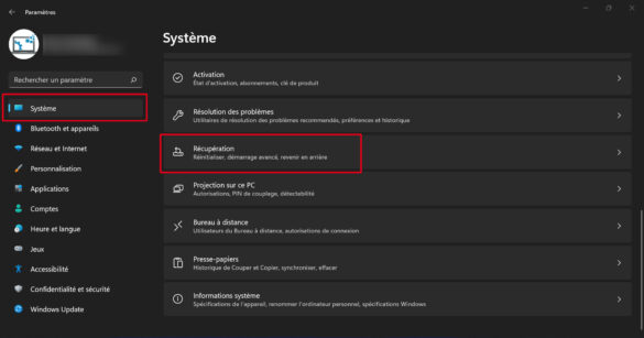 Cliquez sur Réparation dans le menu Système des paramètres de Windows 11