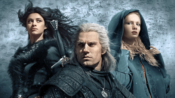 Une image de The Witcher montrant Geralt avec Yennefer et Ciri en arrière-plan.