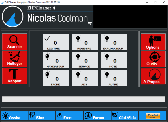 L'interface du logiciel ZHPCleaner